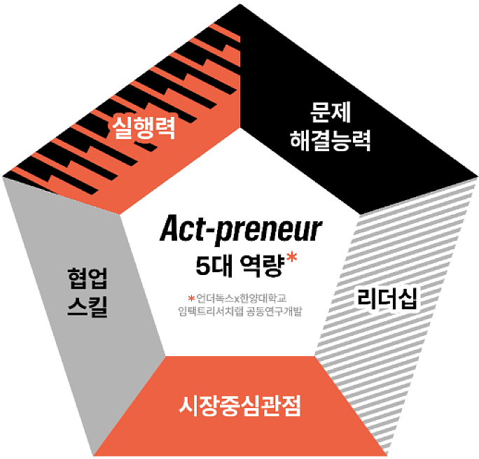 Act-preneur 5대 역량(언더독스, 한양대학교 임팩트리서치랩 공동연구개발) - 실행력 / 문제해결능력 / 리더십 / 협업스킬 / 시장중심관점